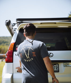 sustainable graphic tee on an overlanding trip